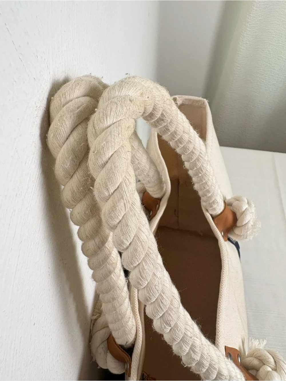 L.L. BEAN Signature Boat & Tote Canvas Bag w Rope & Leather Handles Nautical